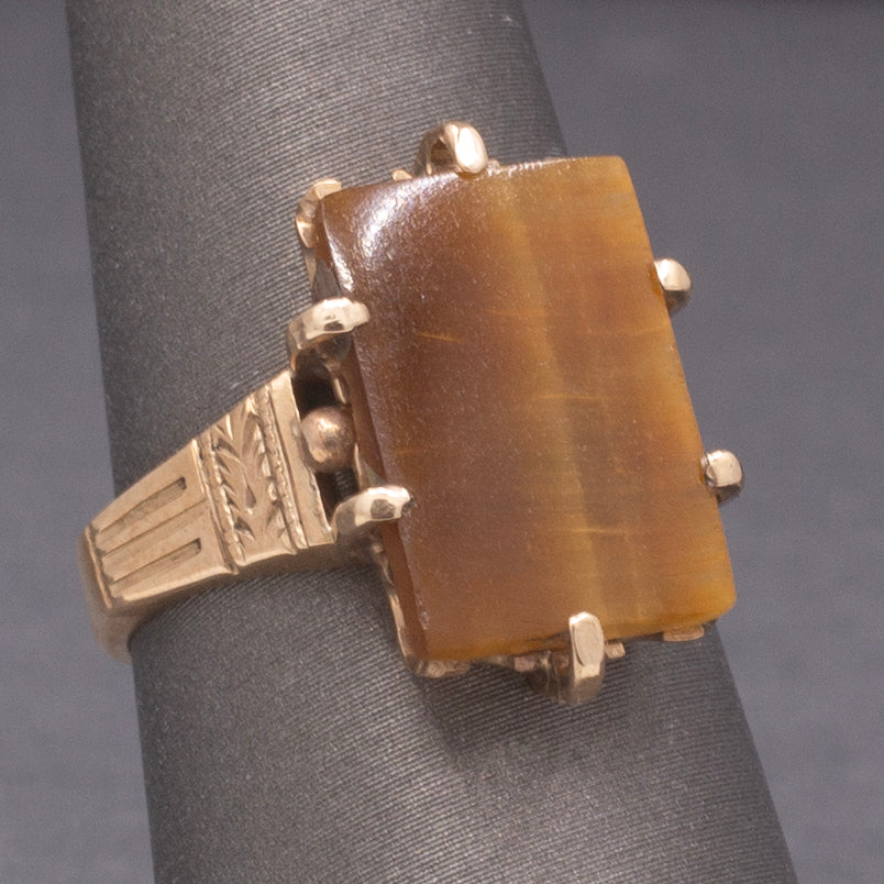 Victorian Tiger's Eye Slab Signet Ring in Rosy 14k Yellow Gold