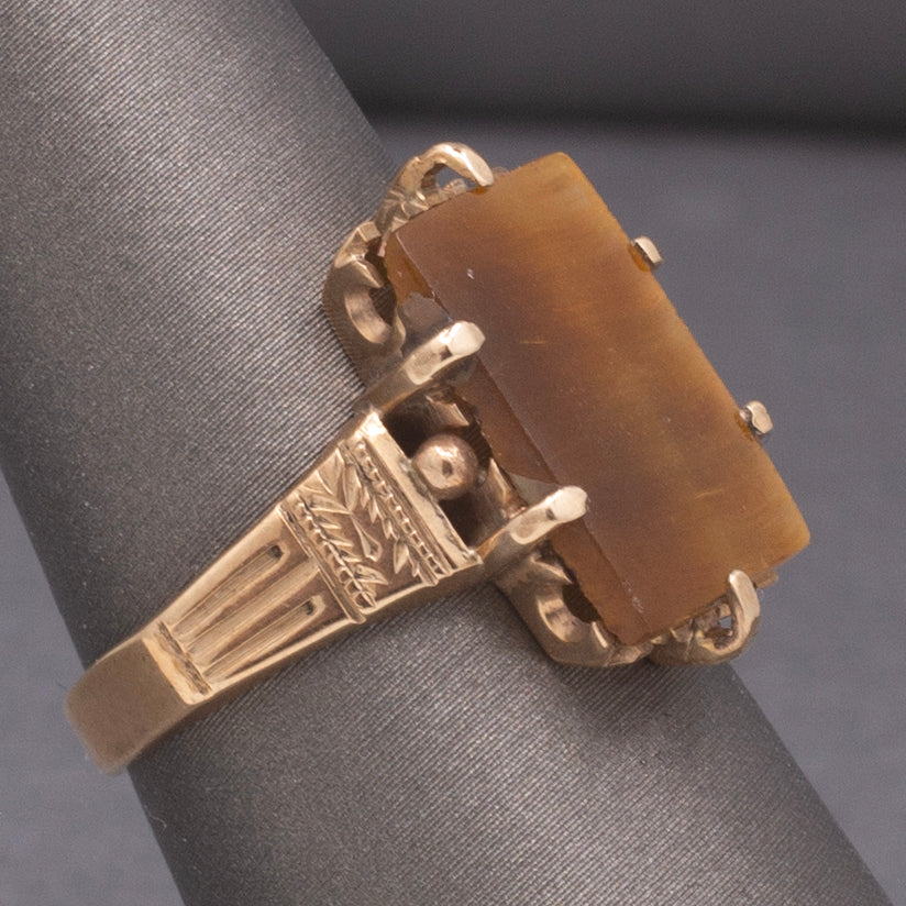 Victorian Tiger's Eye Slab Signet Ring in Rosy 14k Yellow Gold