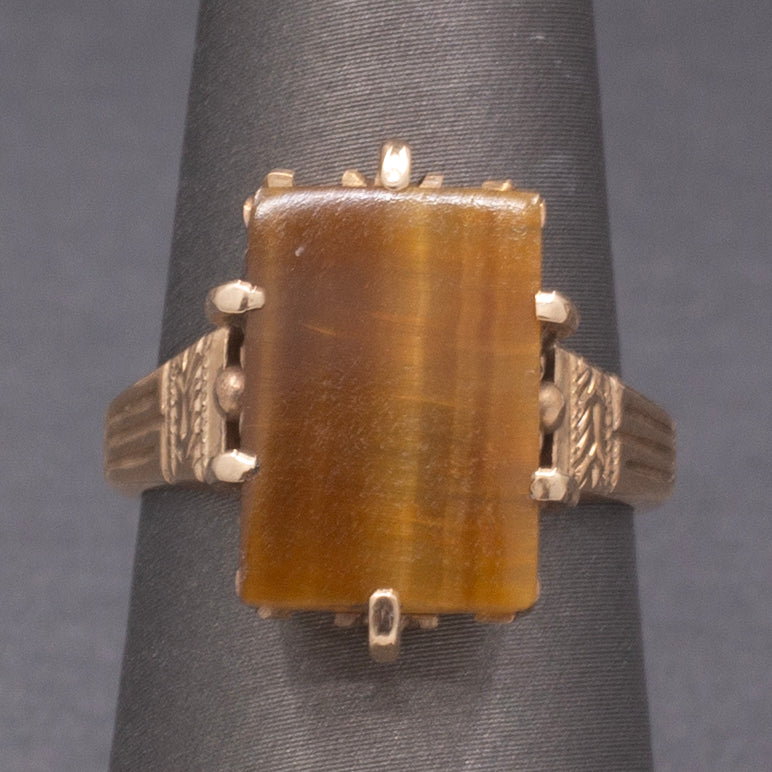 Victorian Tiger's Eye Slab Signet Ring in Rosy 14k Yellow Gold