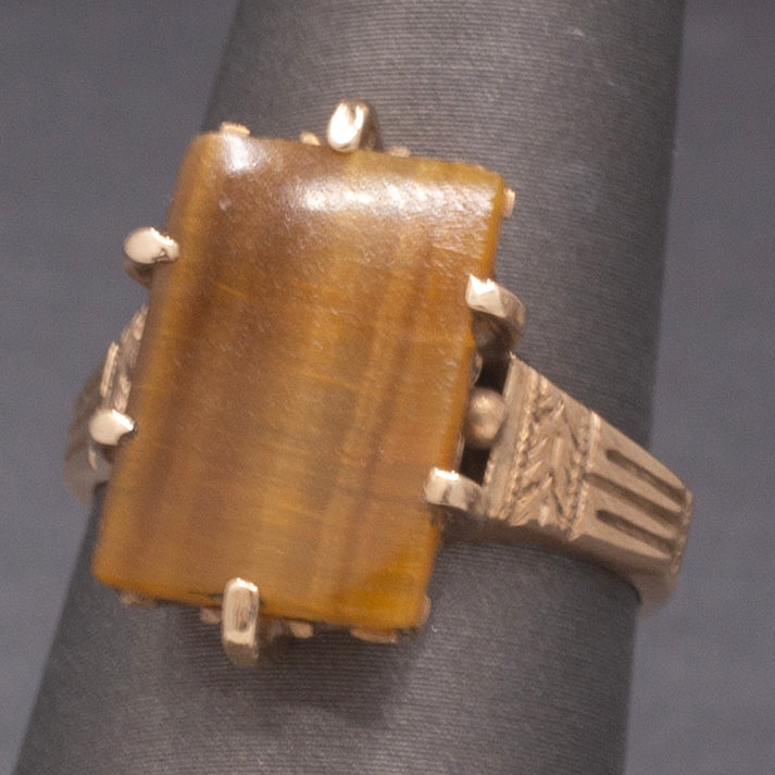Victorian Tiger's Eye Slab Signet Ring in Rosy 14k Yellow Gold