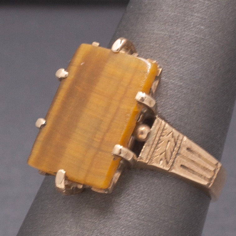 Victorian Tiger's Eye Slab Signet Ring in Rosy 14k Yellow Gold