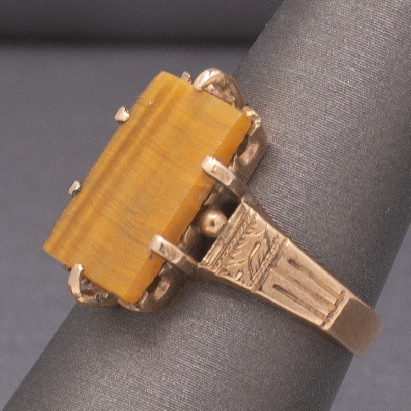Victorian Tiger's Eye Slab Signet Ring in Rosy 14k Yellow Gold
