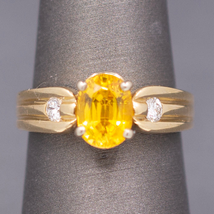 Vintage Golden Yellow Sapphire and Diamond Ring in Solid 14k Yellow Gold