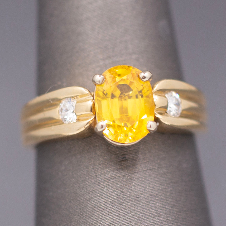 Vintage Golden Yellow Sapphire and Diamond Ring in Solid 14k Yellow Gold