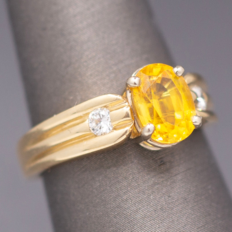 Vintage Golden Yellow Sapphire and Diamond Ring in Solid 14k Yellow Gold