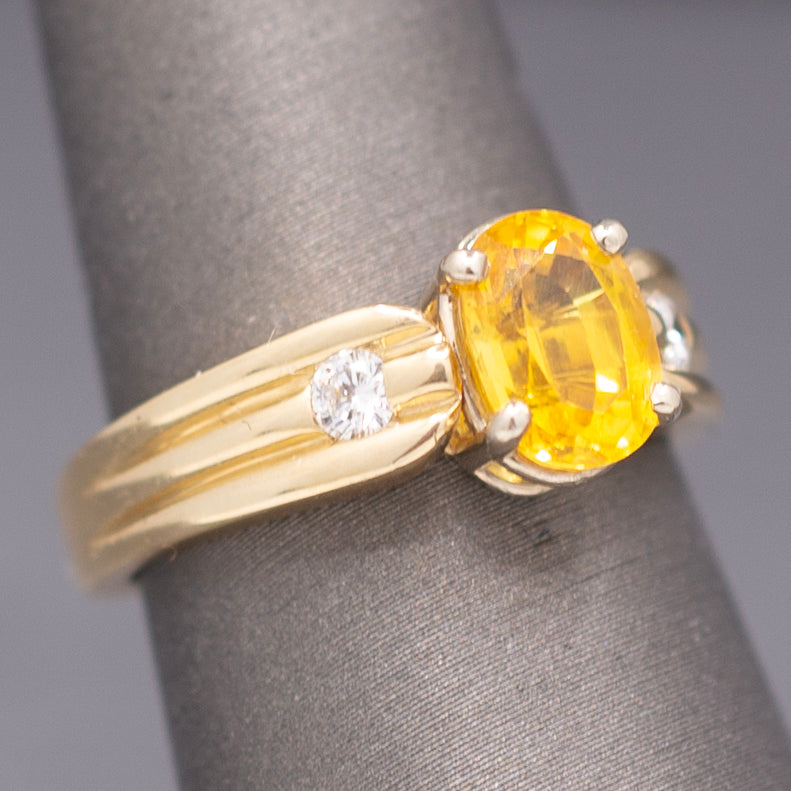 Vintage Golden Yellow Sapphire and Diamond Ring in Solid 14k Yellow Gold