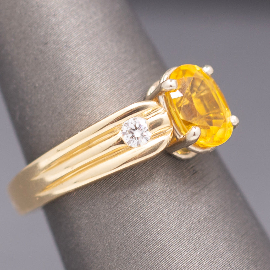 Vintage Golden Yellow Sapphire and Diamond Ring in Solid 14k Yellow Gold