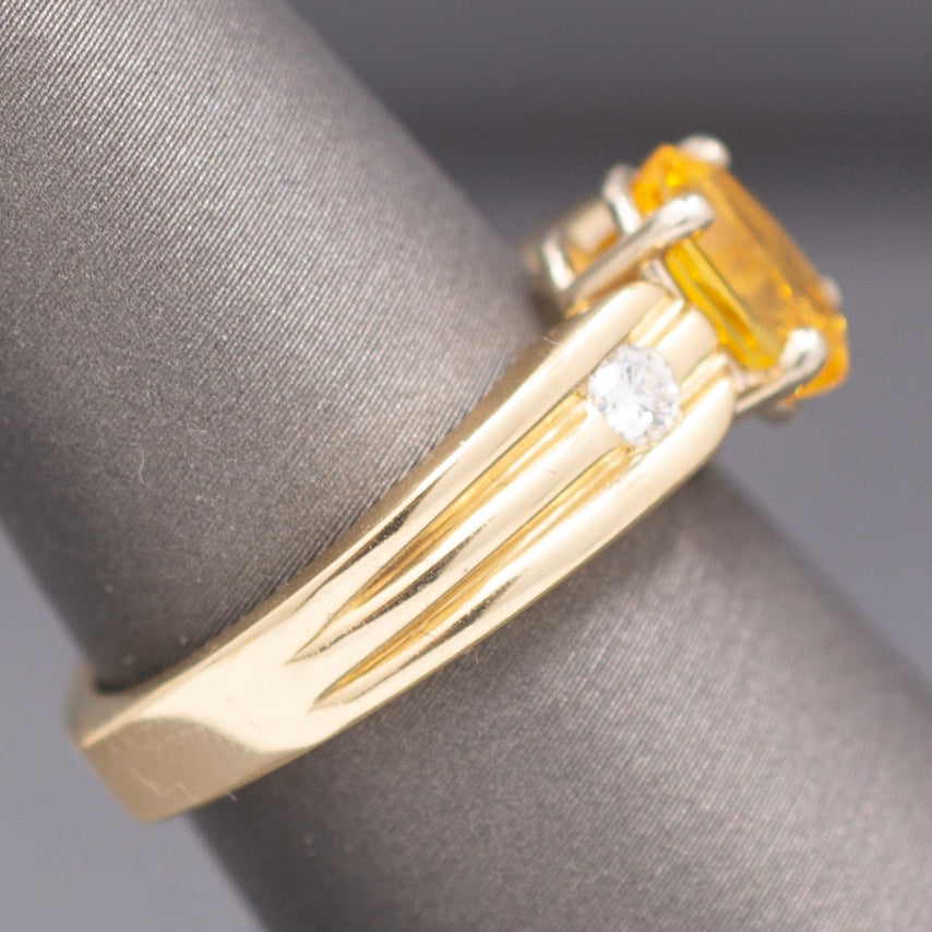 Vintage Golden Yellow Sapphire and Diamond Ring in Solid 14k Yellow Gold