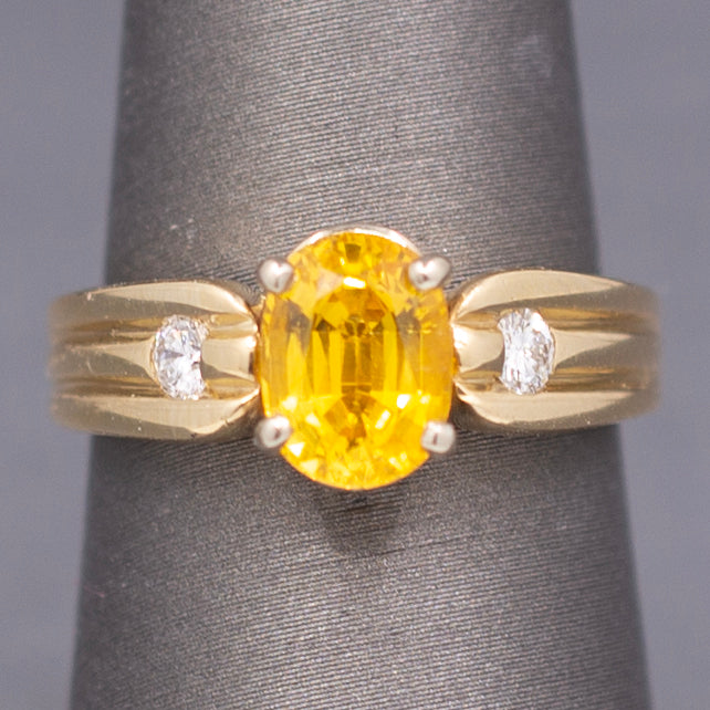 Vintage Golden Yellow Sapphire and Diamond Ring in Solid 14k Yellow Gold