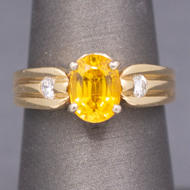 Vintage Golden Yellow Sapphire and Diamond Ring in Solid 14k Yellow Gold