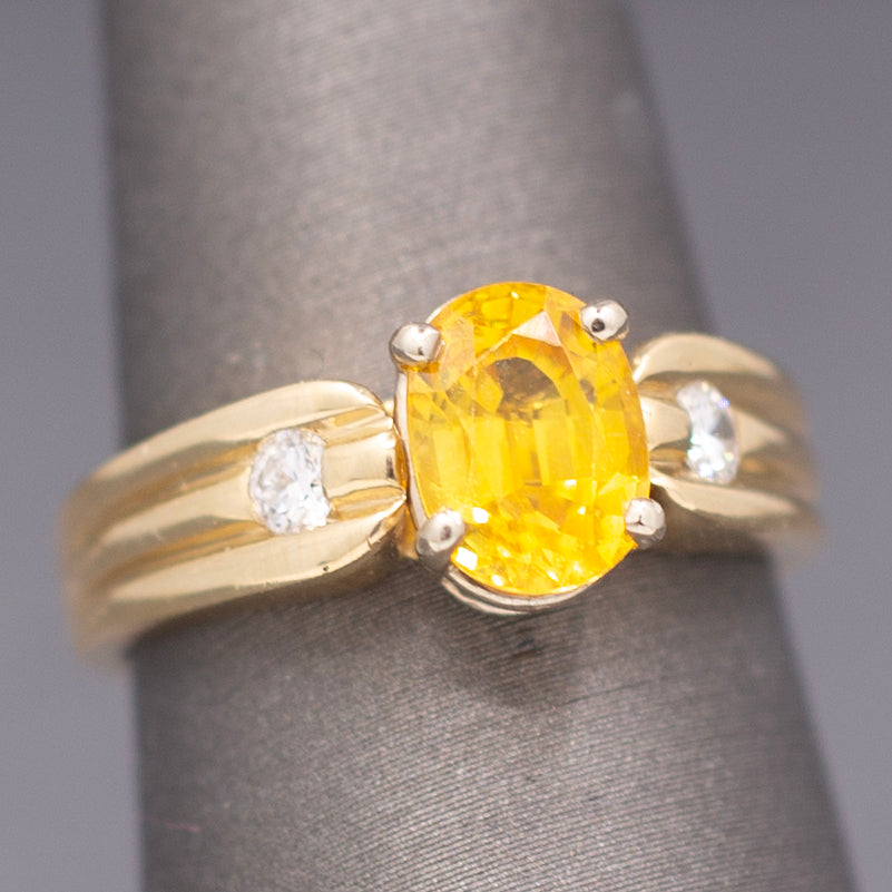 Vintage Golden Yellow Sapphire and Diamond Ring in Solid 14k Yellow Gold