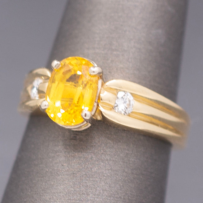 Vintage Golden Yellow Sapphire and Diamond Ring in Solid 14k Yellow Gold