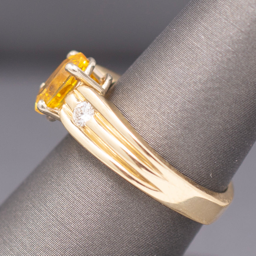Vintage Golden Yellow Sapphire and Diamond Ring in Solid 14k Yellow Gold