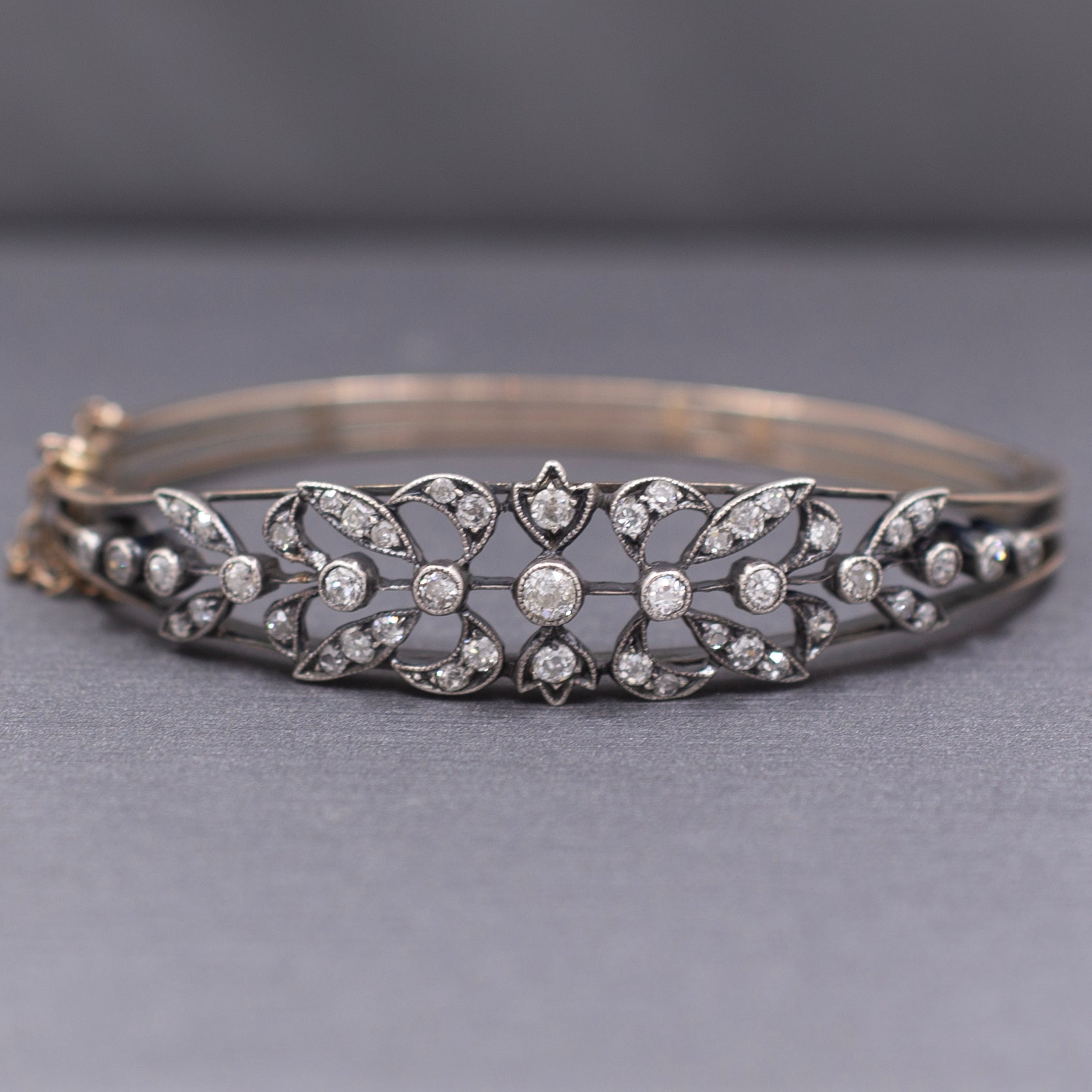 Exquisite Victorian Old Mine Cut Diamond Bangle Bracelet in 10k Rosy Gold