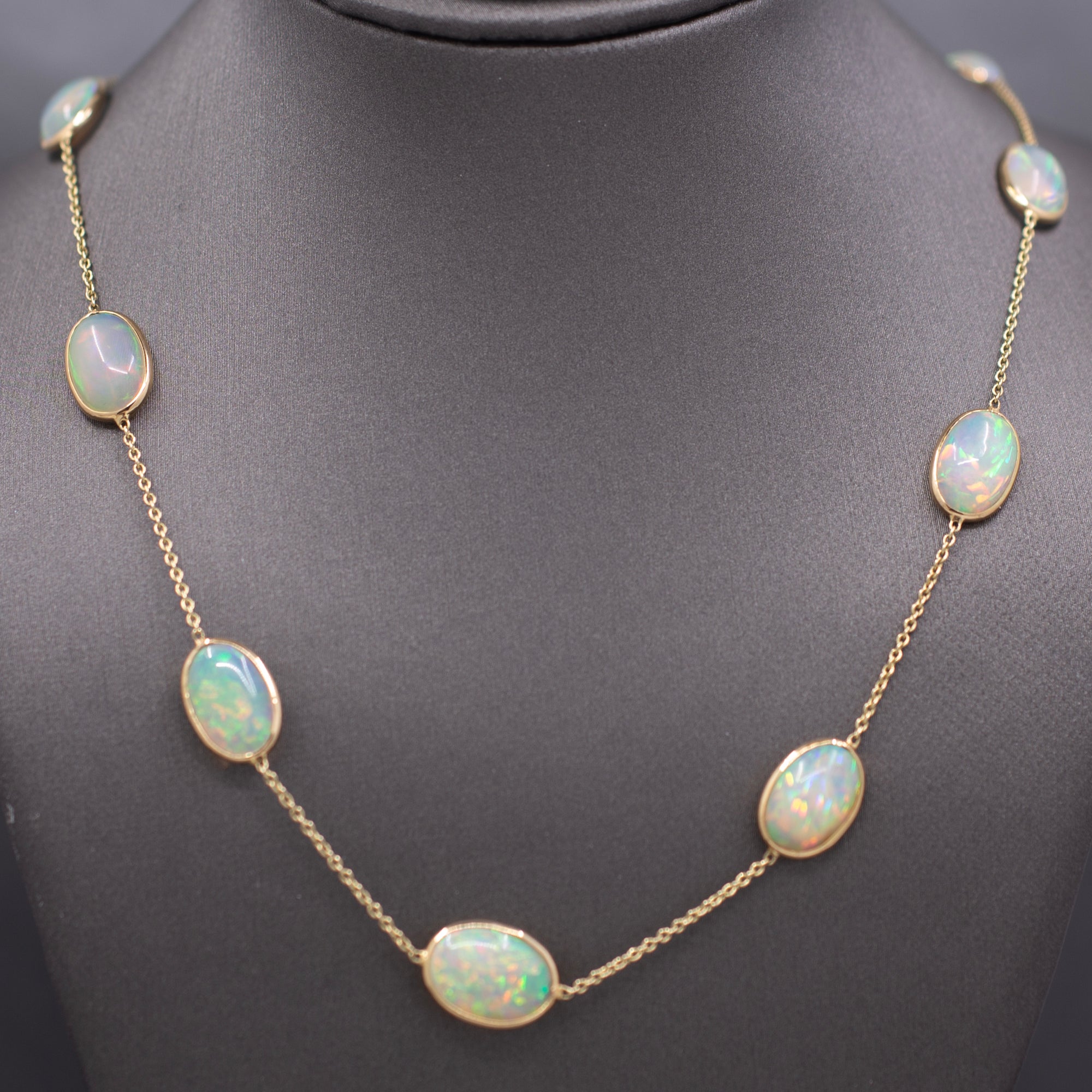 Stunning Ethiopian Opal Bezel Set Station Necklace in 14k Yellow Gold