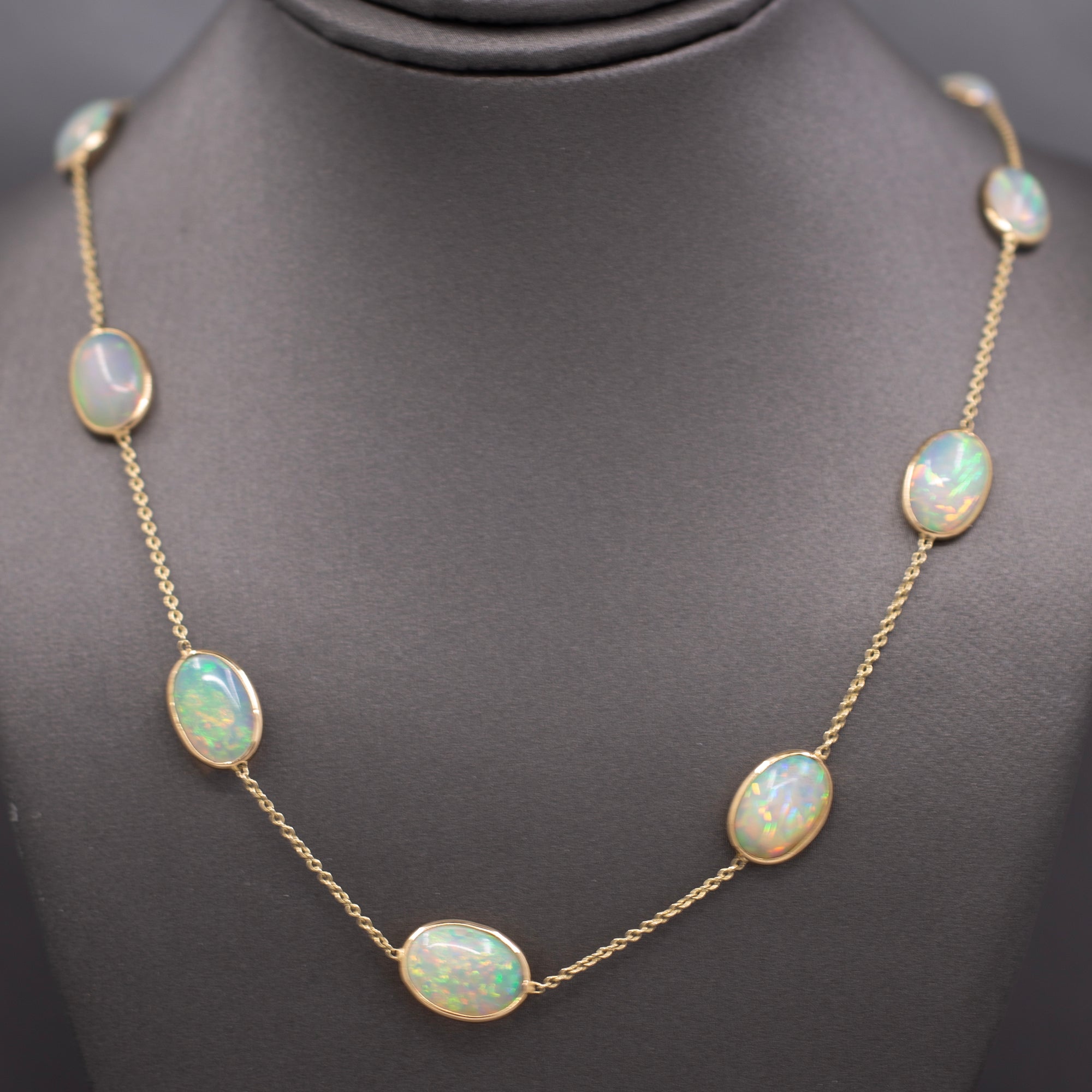 Stunning Ethiopian Opal Bezel Set Station Necklace in 14k Yellow Gold