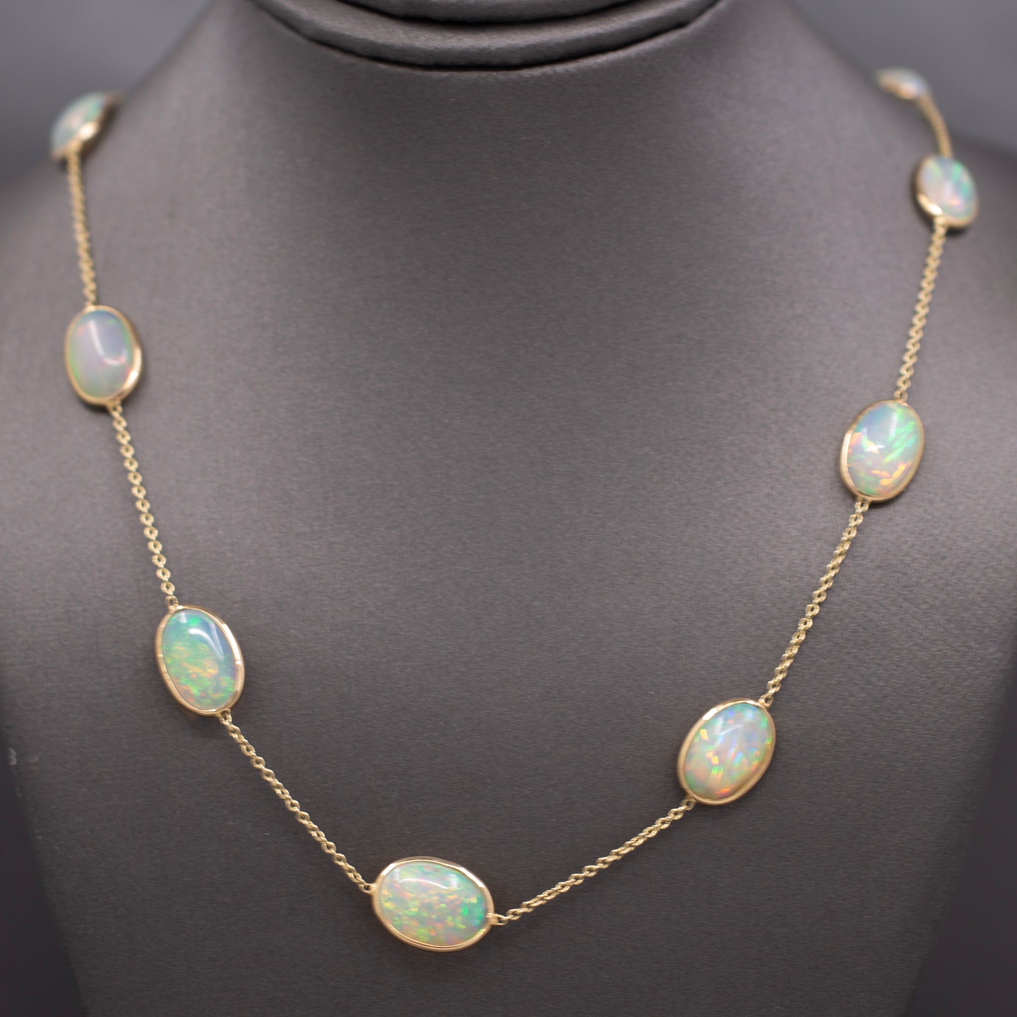 Stunning Ethiopian Opal Bezel Set Station Necklace in 14k Yellow Gold