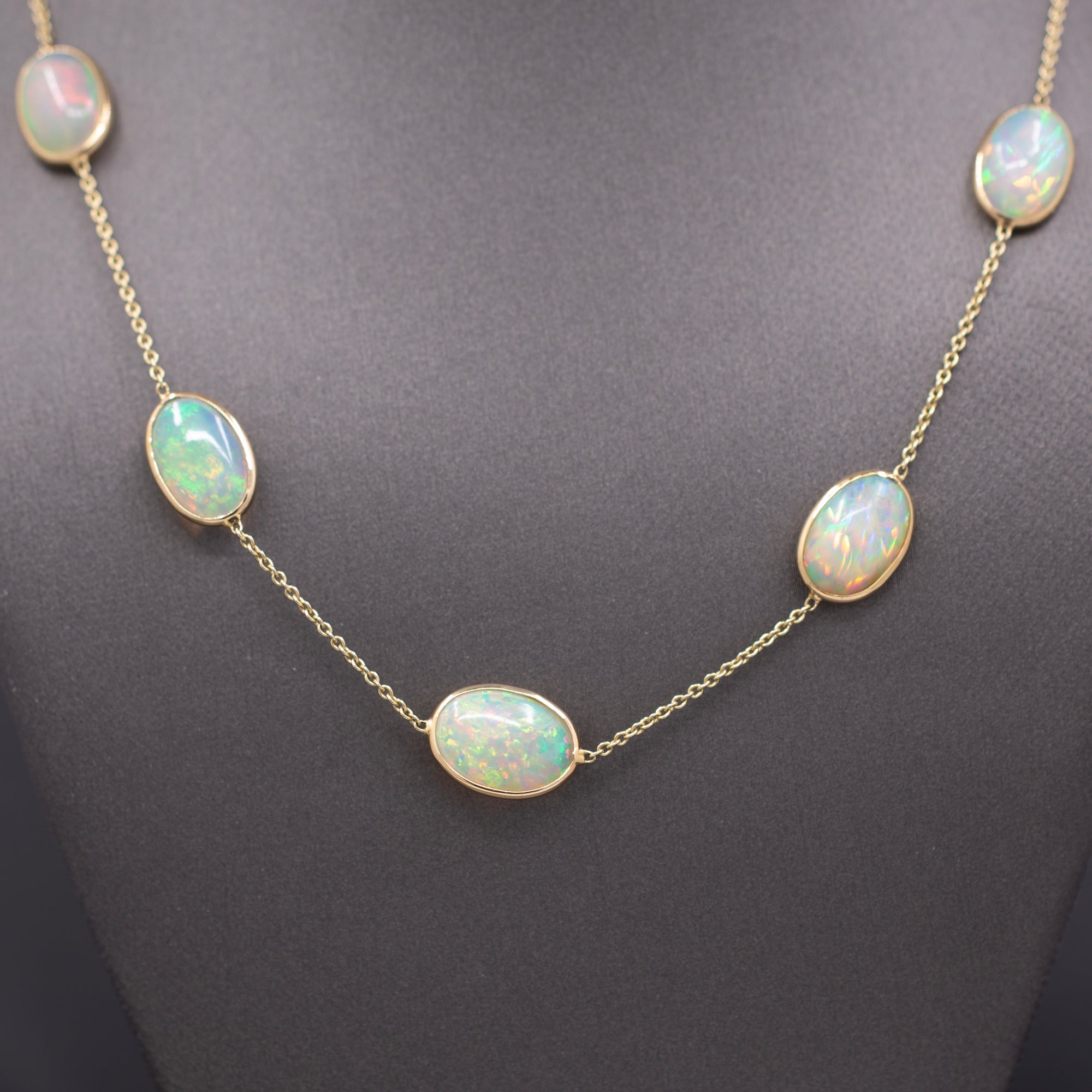 Stunning Ethiopian Opal Bezel Set Station Necklace in 14k Yellow Gold