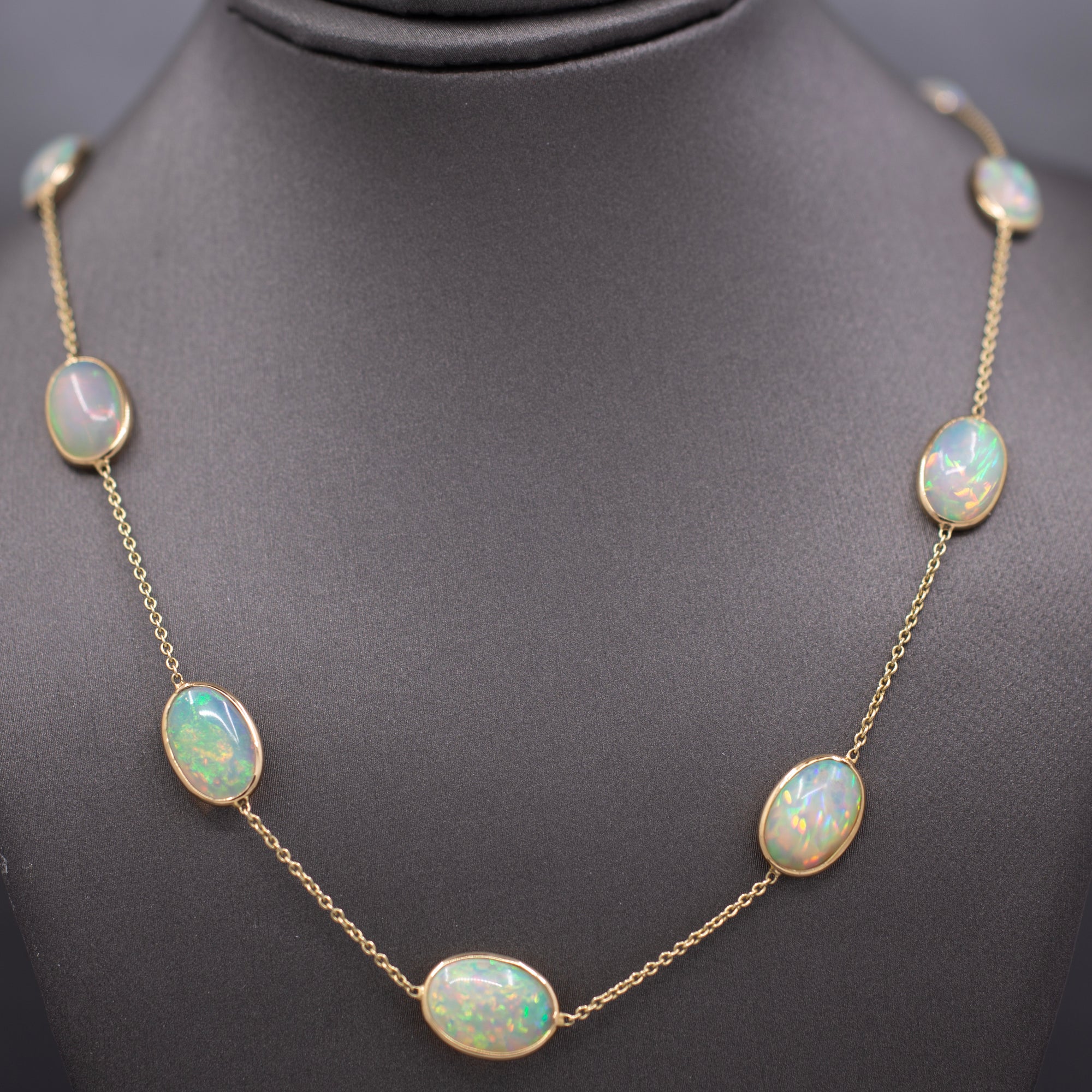 Stunning Ethiopian Opal Bezel Set Station Necklace in 14k Yellow Gold