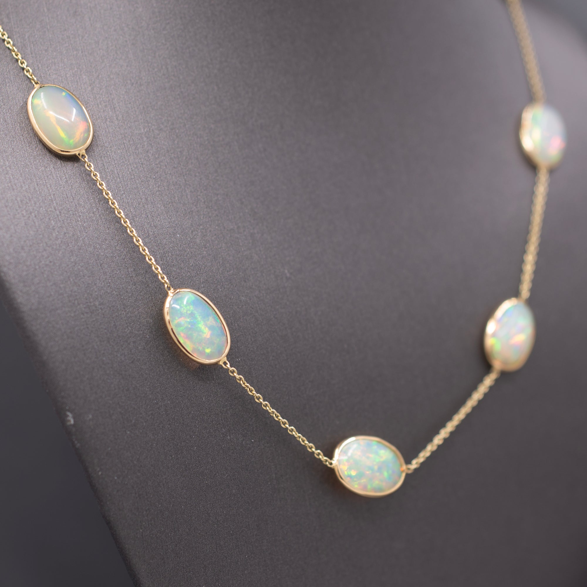 Stunning Ethiopian Opal Bezel Set Station Necklace in 14k Yellow Gold