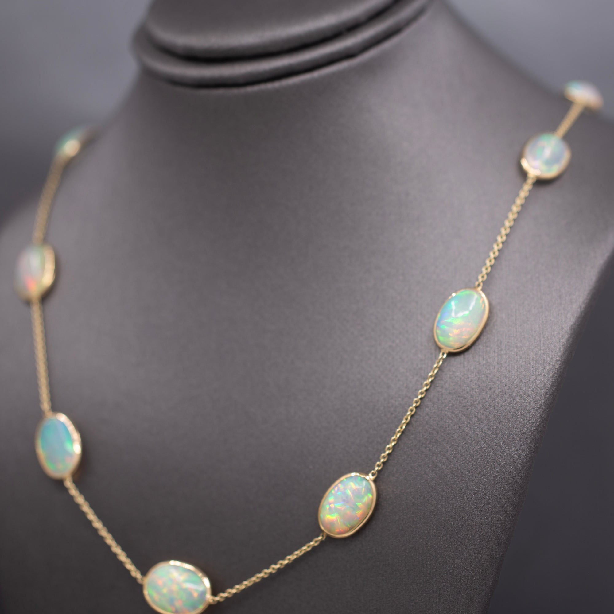 Stunning Ethiopian Opal Bezel Set Station Necklace in 14k Yellow Gold