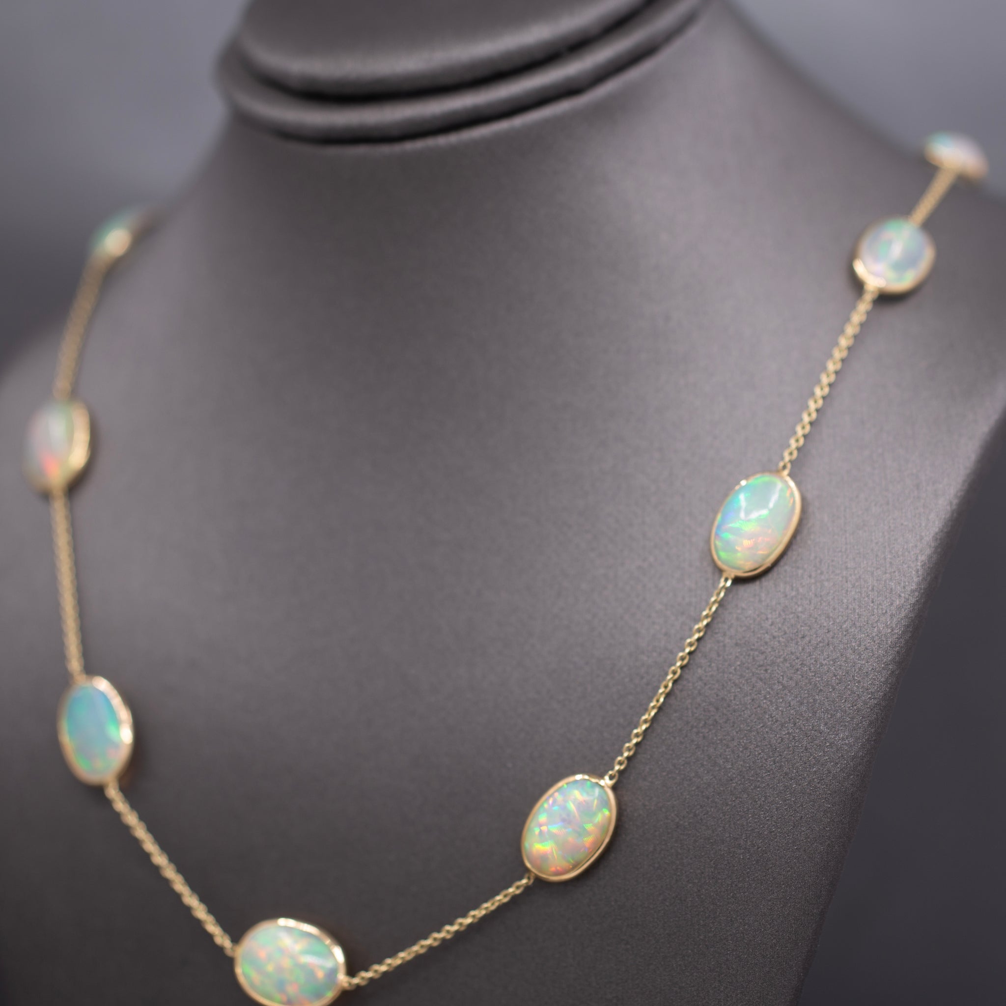 Stunning Ethiopian Opal Bezel Set Station Necklace in 14k Yellow Gold