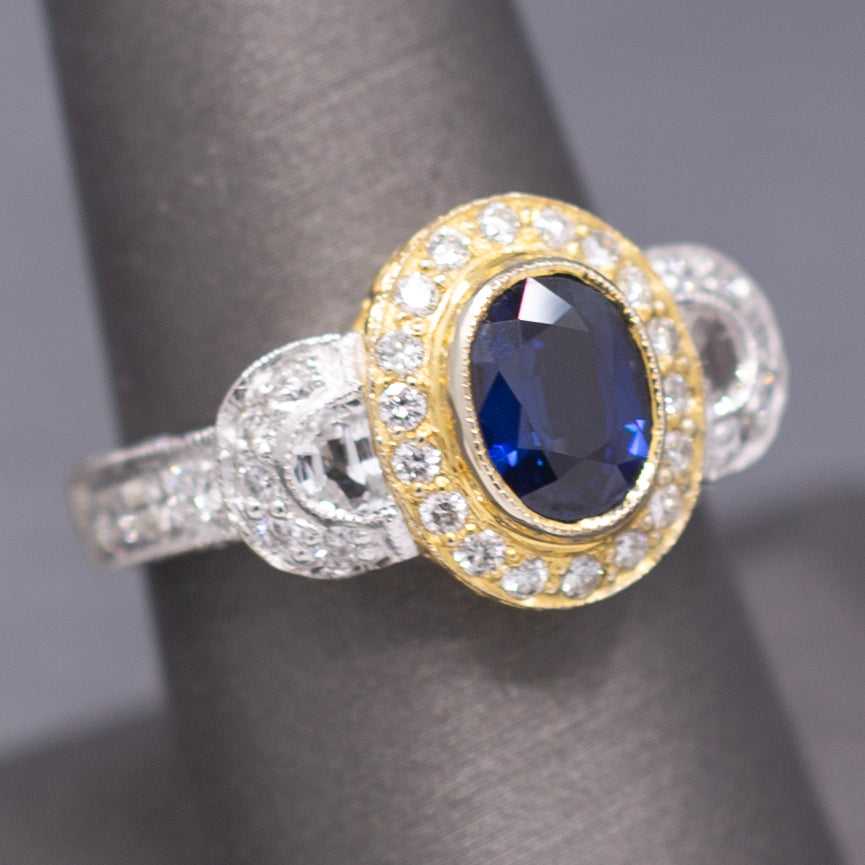 Le Vian Blue Sapphire and Diamond Two Tone Ring in 14k Yellow and White Gold