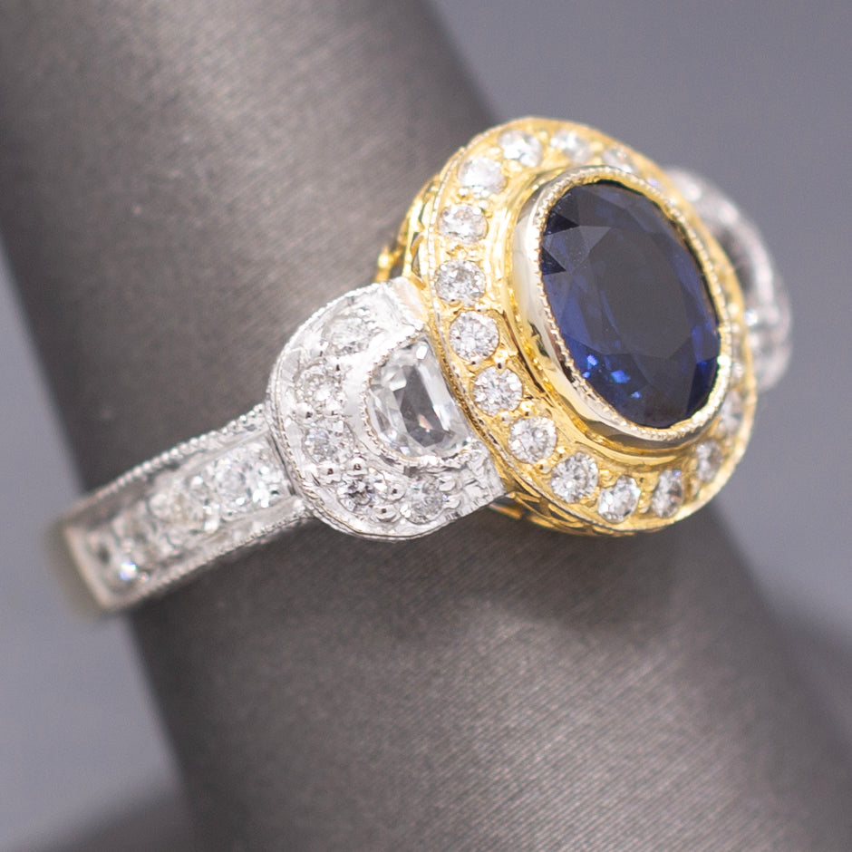 Le Vian Blue Sapphire and Diamond Two Tone Ring in 14k Yellow and White Gold