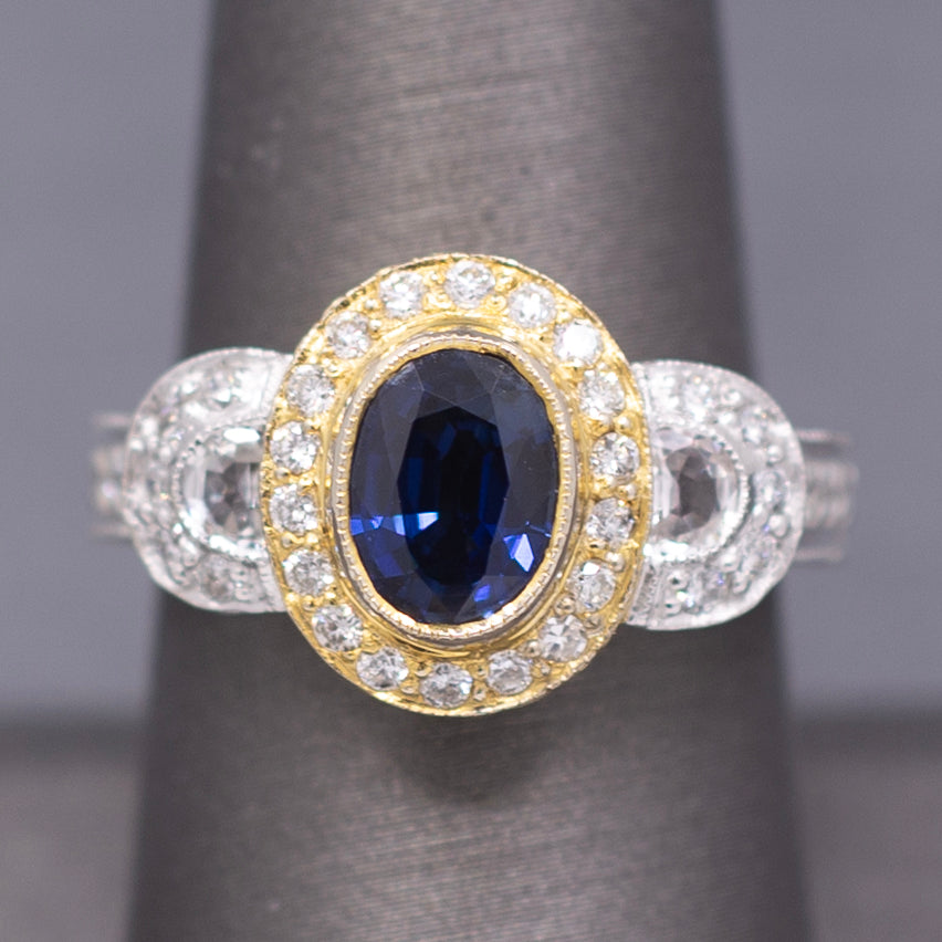 Le Vian Blue Sapphire and Diamond Two Tone Ring in 14k Yellow and White Gold
