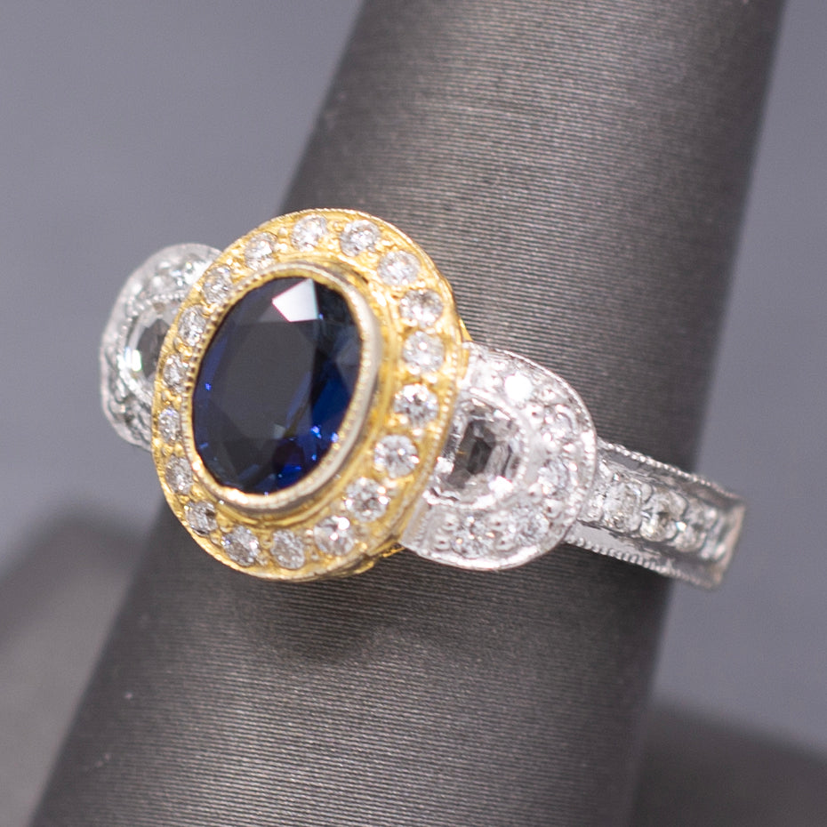 Le Vian Blue Sapphire and Diamond Two Tone Ring in 14k Yellow and White Gold