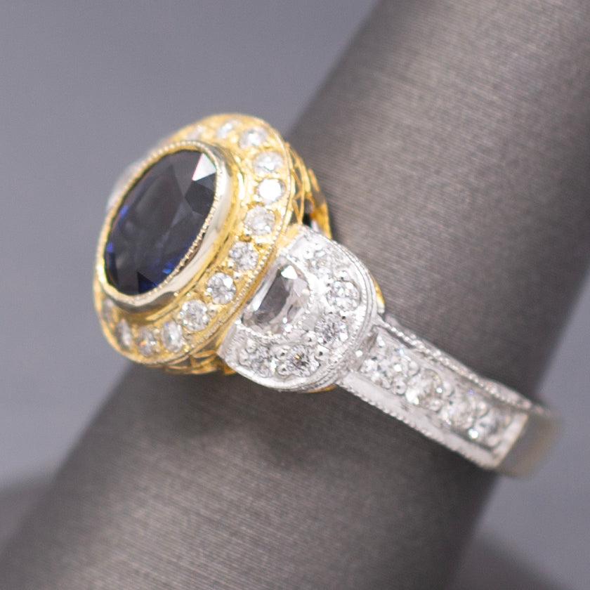 Le Vian Blue Sapphire and Diamond Two Tone Ring in 14k Yellow and White Gold