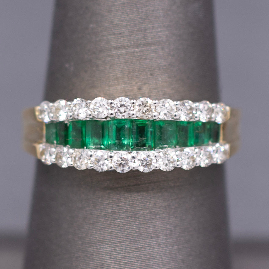 Sparkling Emerald and Diamond Band Ring in 14k Yellow Gold