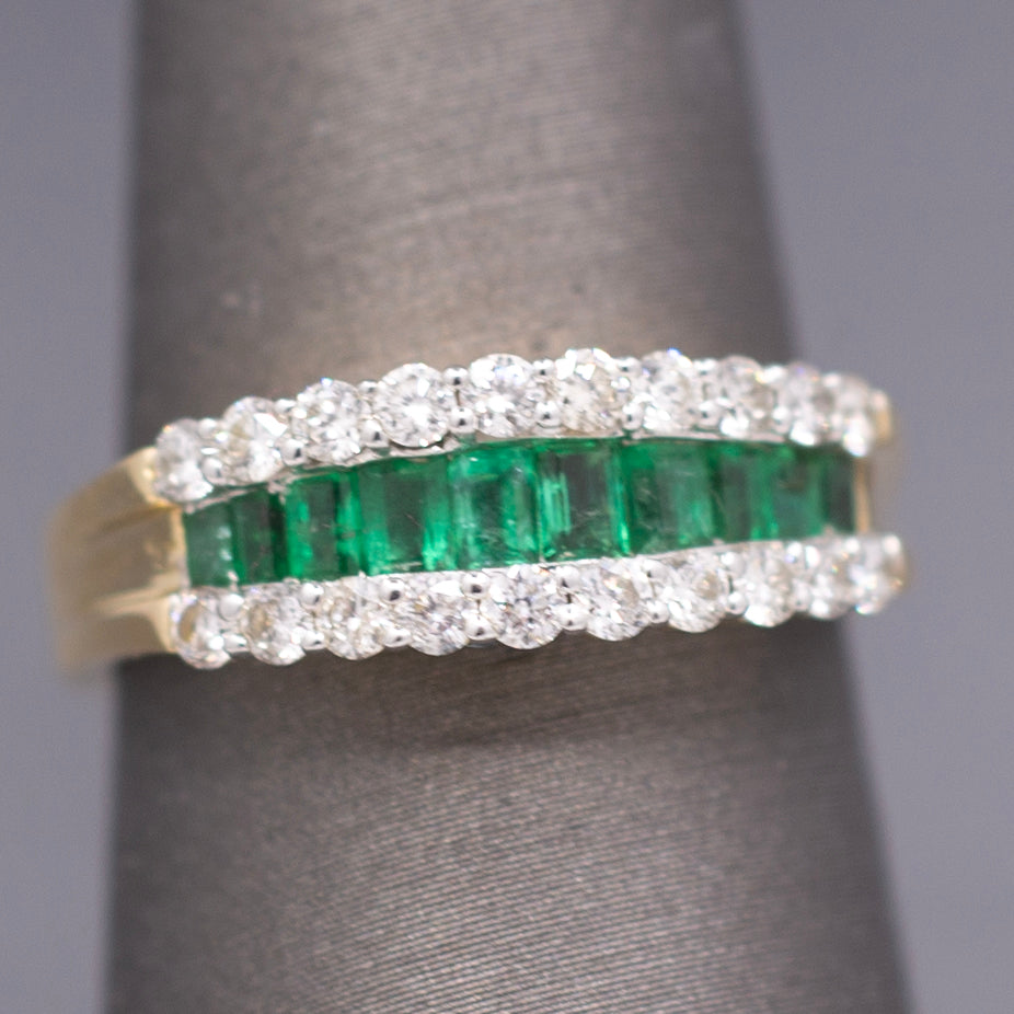 Sparkling Emerald and Diamond Band Ring in 14k Yellow Gold