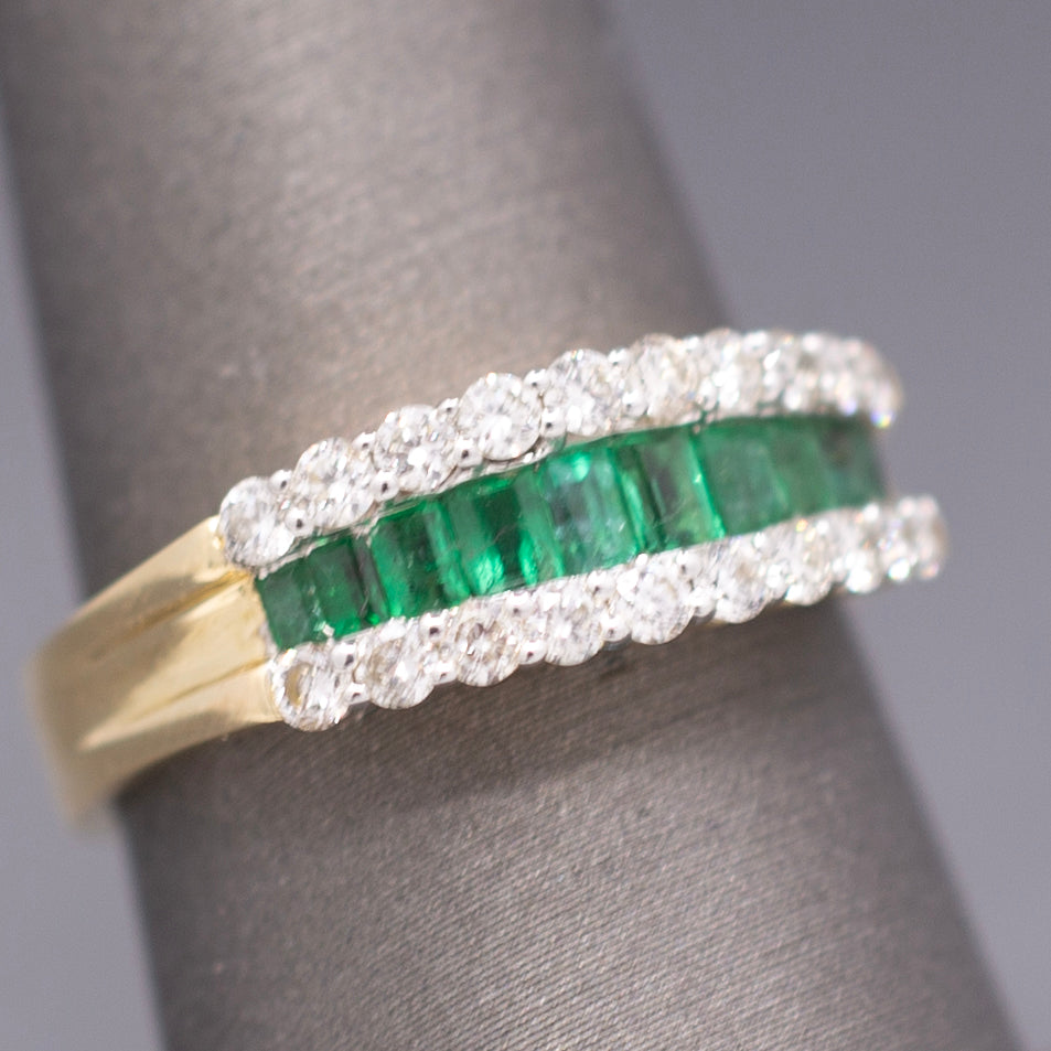 Sparkling Emerald and Diamond Band Ring in 14k Yellow Gold