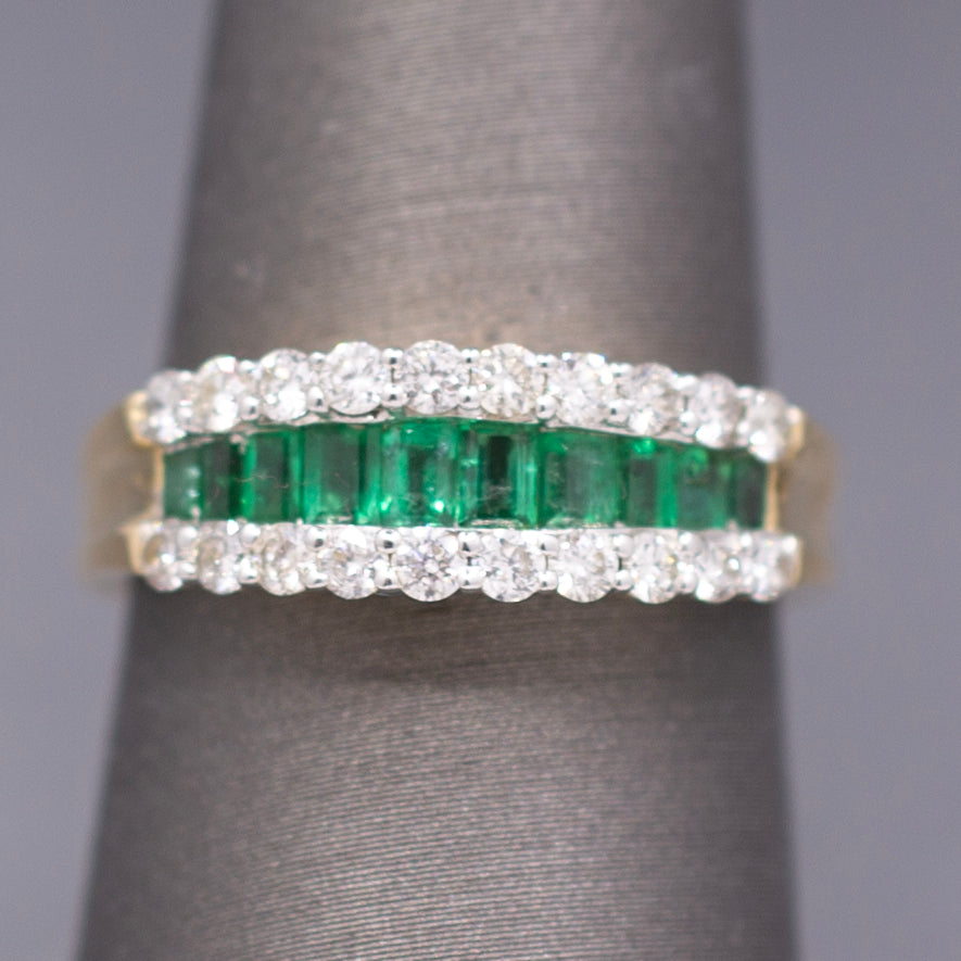 Sparkling Emerald and Diamond Band Ring in 14k Yellow Gold