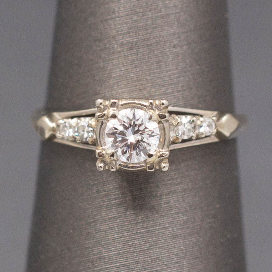 Beautiful Mid-Century Diamond Engagement Ring in 14k White Gold