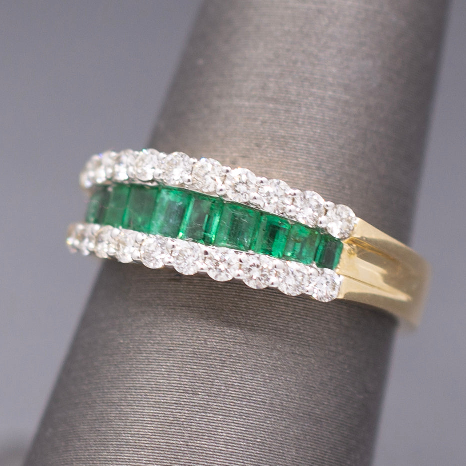 Sparkling Emerald and Diamond Band Ring in 14k Yellow Gold