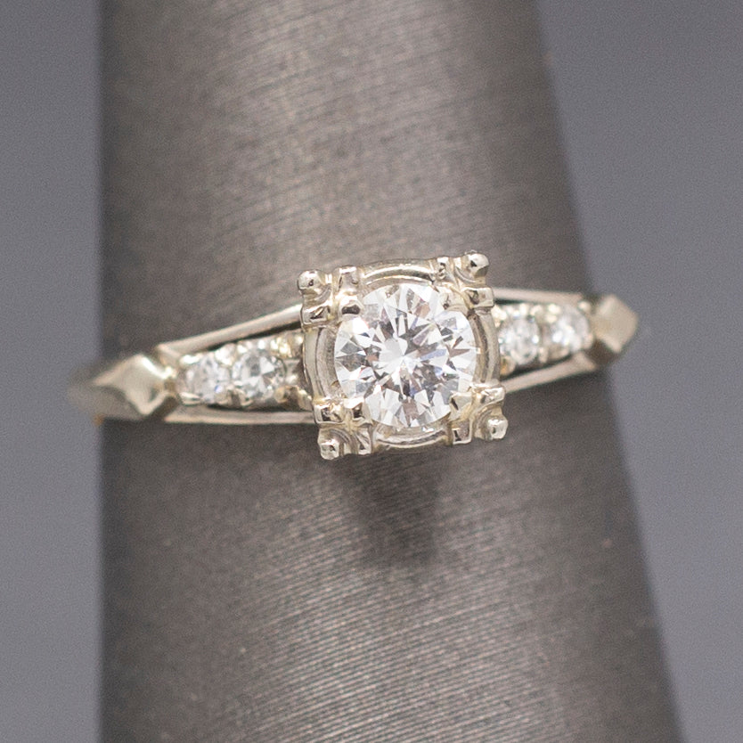 Beautiful Mid-Century Diamond Engagement Ring in 14k White Gold