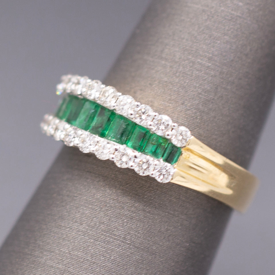 Sparkling Emerald and Diamond Band Ring in 14k Yellow Gold