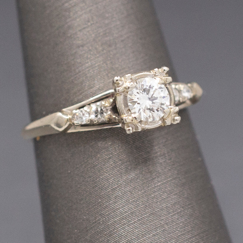 Beautiful Mid-Century Diamond Engagement Ring in 14k White Gold