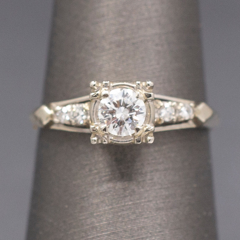 Beautiful Mid-Century Diamond Engagement Ring in 14k White Gold
