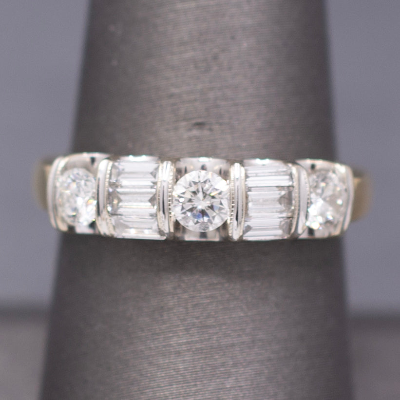 Sparkling Round and Baguette Cut Diamond Band Ring in 14k Yellow Gold