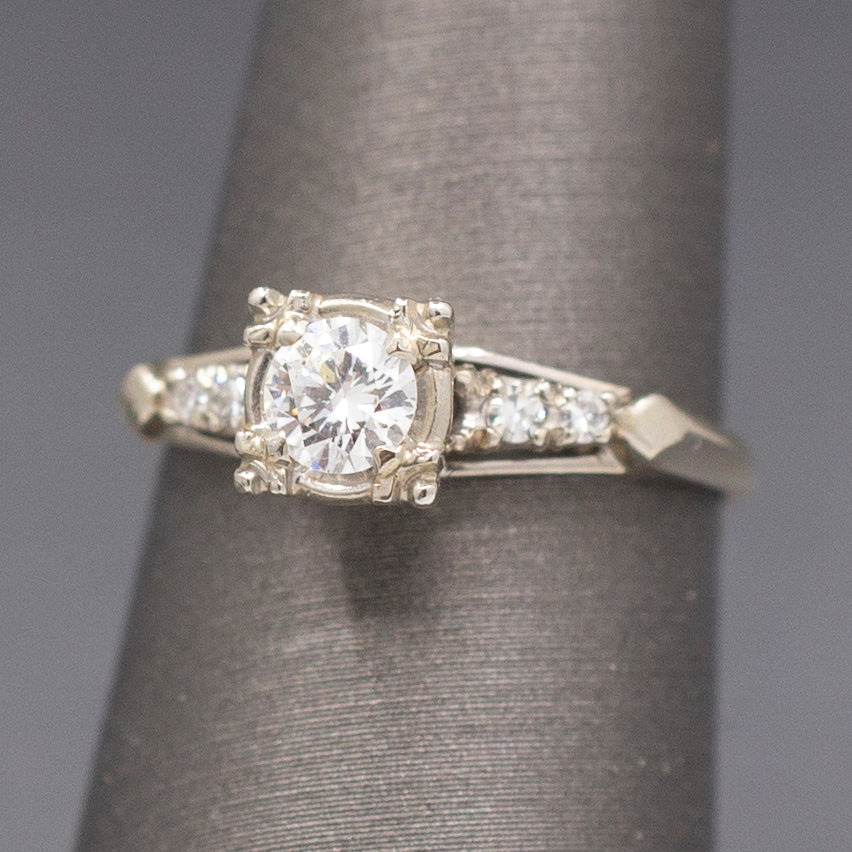 Beautiful Mid-Century Diamond Engagement Ring in 14k White Gold