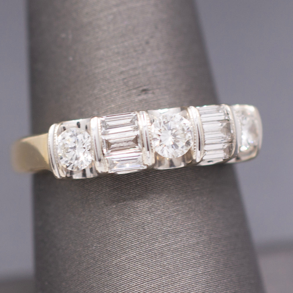 Sparkling Round and Baguette Cut Diamond Band Ring in 14k Yellow Gold