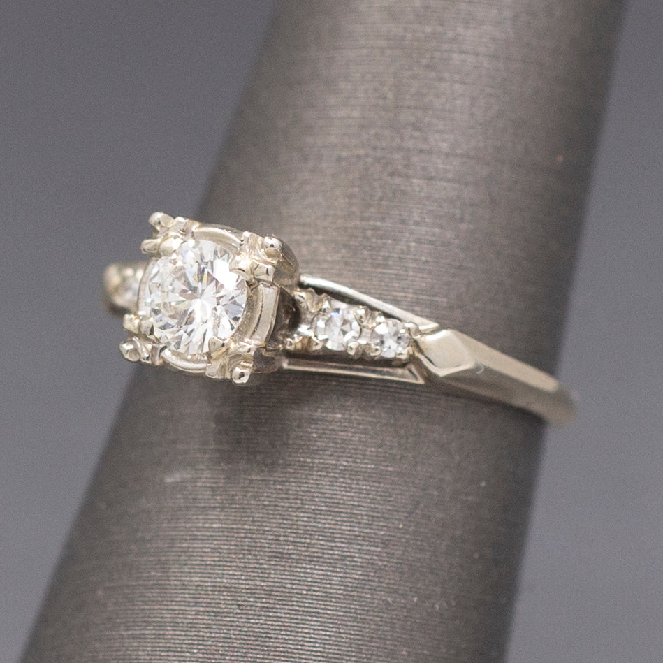 Beautiful Mid-Century Diamond Engagement Ring in 14k White Gold