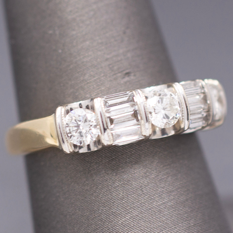 Sparkling Round and Baguette Cut Diamond Band Ring in 14k Yellow Gold