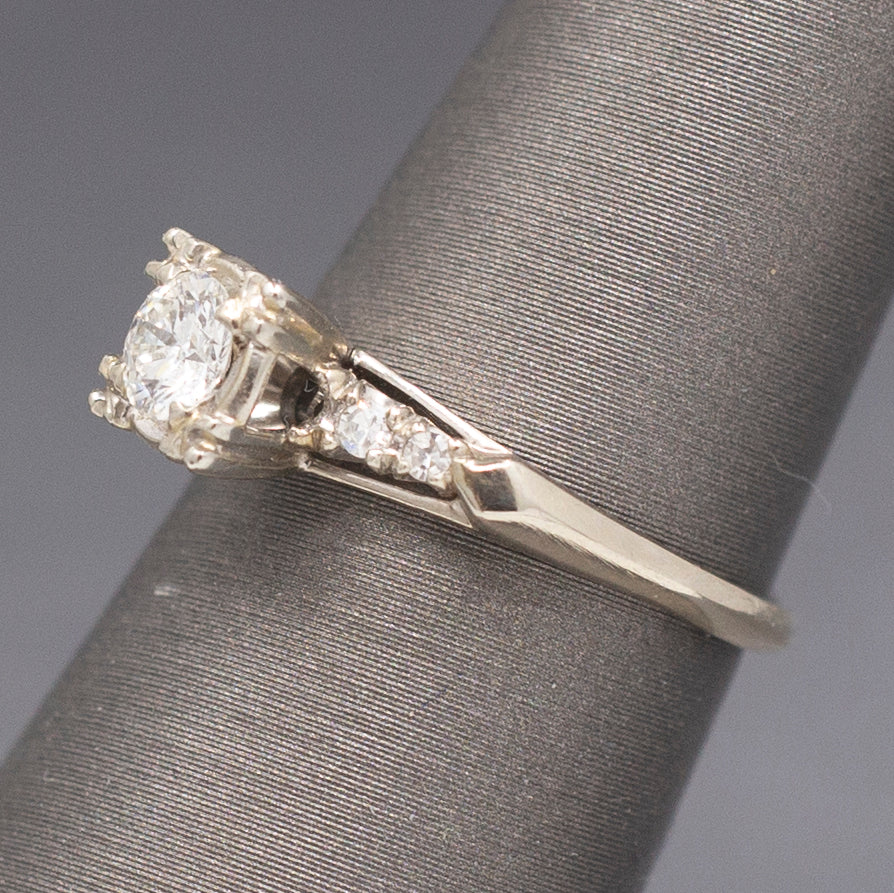 Beautiful Mid-Century Diamond Engagement Ring in 14k White Gold