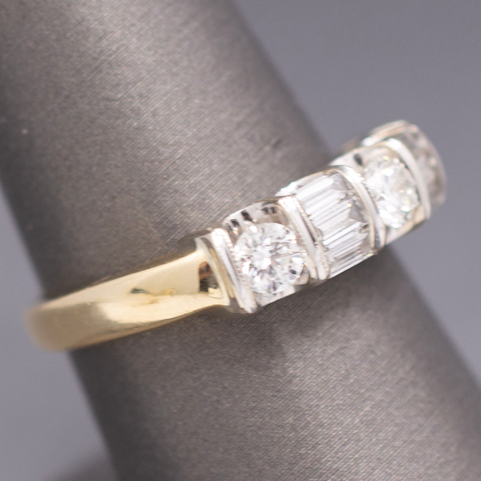 Sparkling Round and Baguette Cut Diamond Band Ring in 14k Yellow Gold
