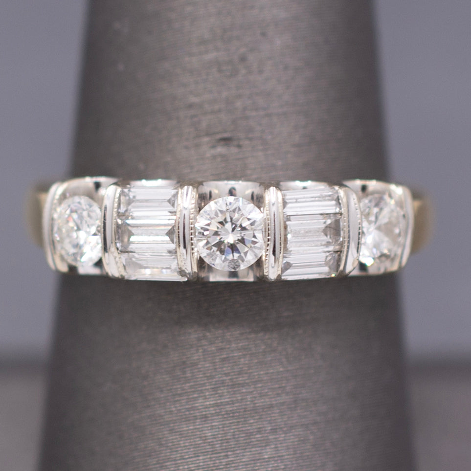 Sparkling Round and Baguette Cut Diamond Band Ring in 14k Yellow Gold