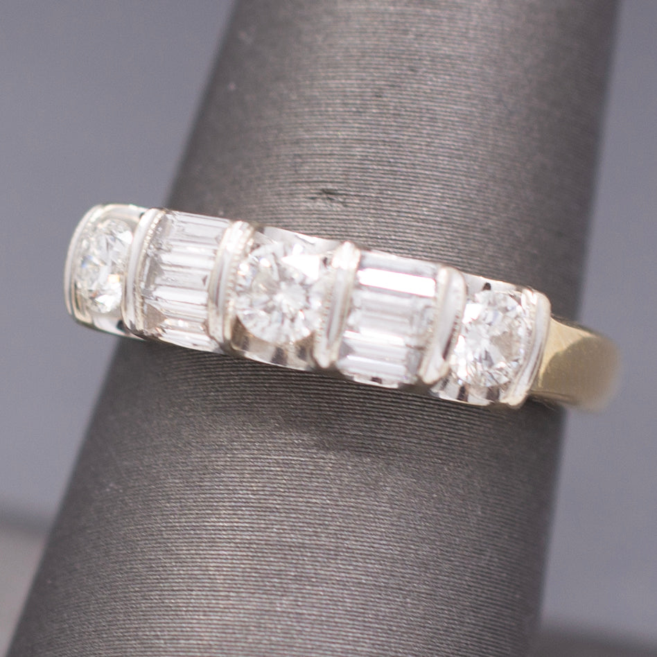 Sparkling Round and Baguette Cut Diamond Band Ring in 14k Yellow Gold